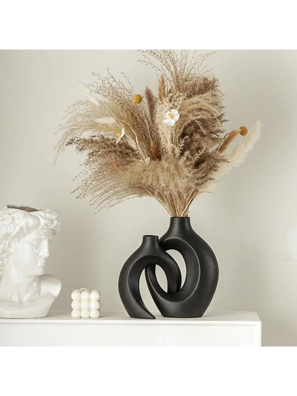 Matte Black 6.3 Hollow Ceramic Vase Set Of 2 Boho Tabletop Living Room Home Dec
